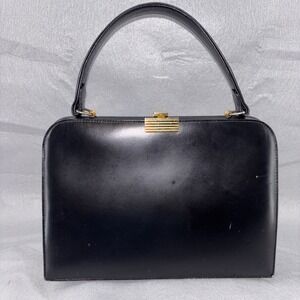Vtg 60s Dofan Black Top Handle Box Leather Frame Handbag White Interior France